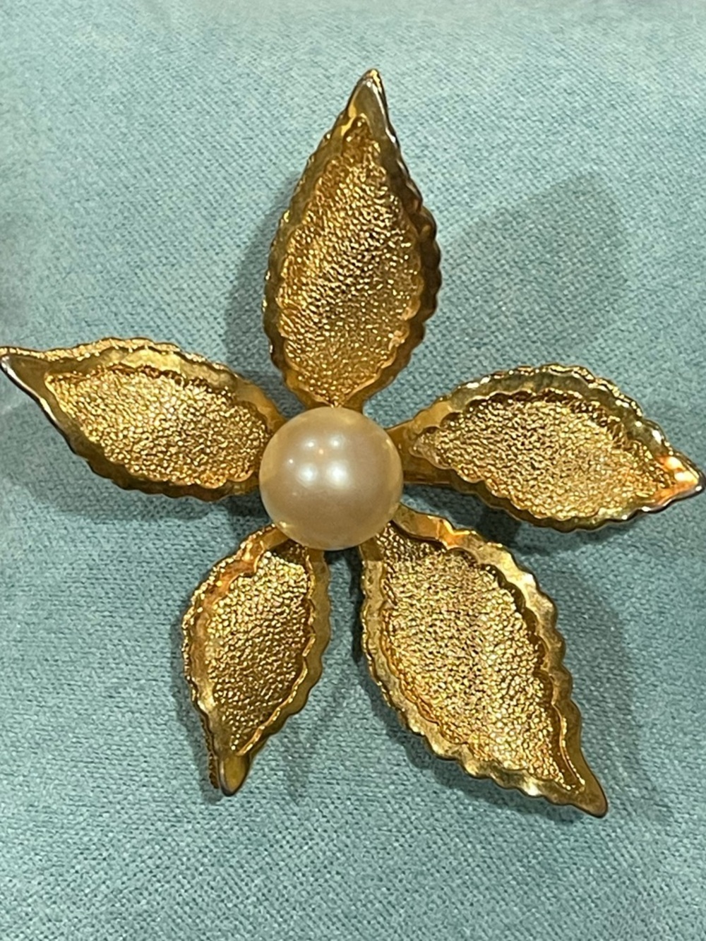 Gold Flower Pearl Center Brooch